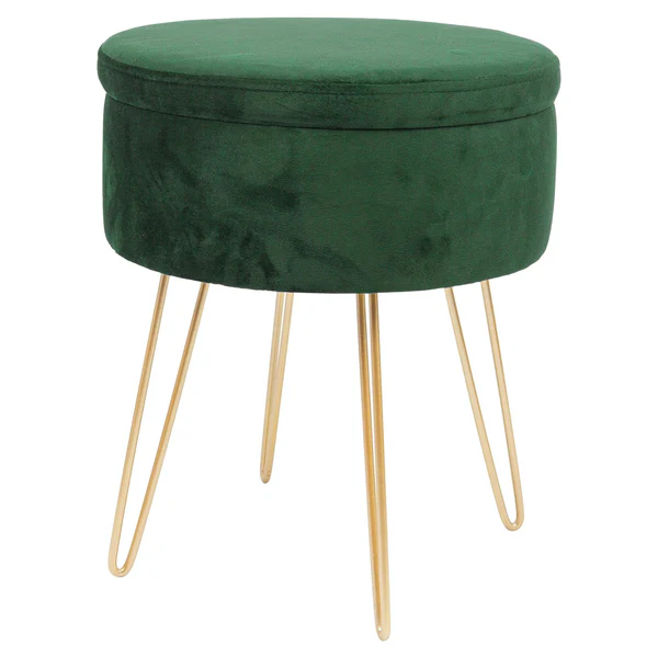 Harbour Housewares Green Round Velvet Storage Footstool - Gold Legs