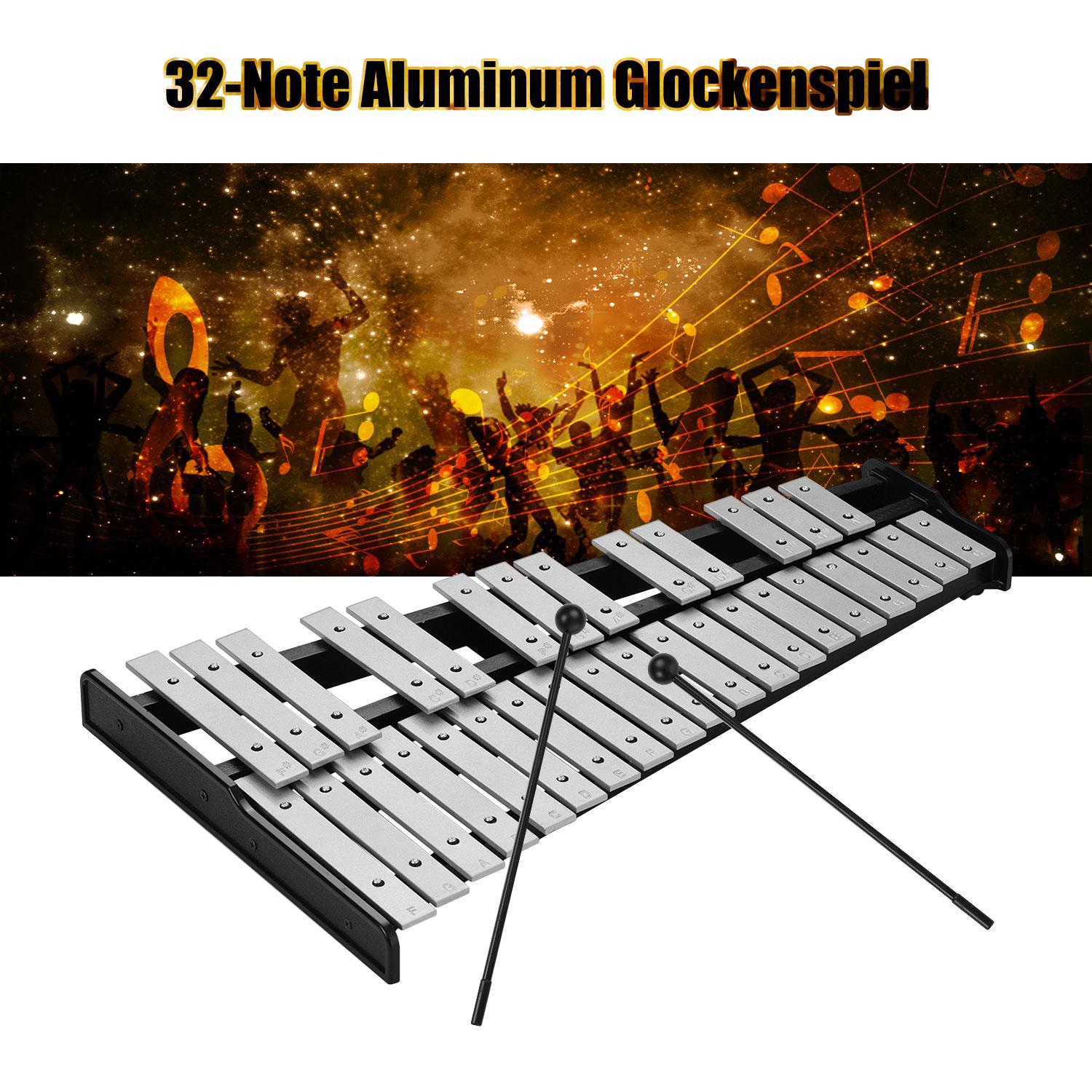 Koogeelife 32-Note Xylophone Educational Glockenspiel Wooden Base Solid Aluminum Bars with Mallets Percussion silver