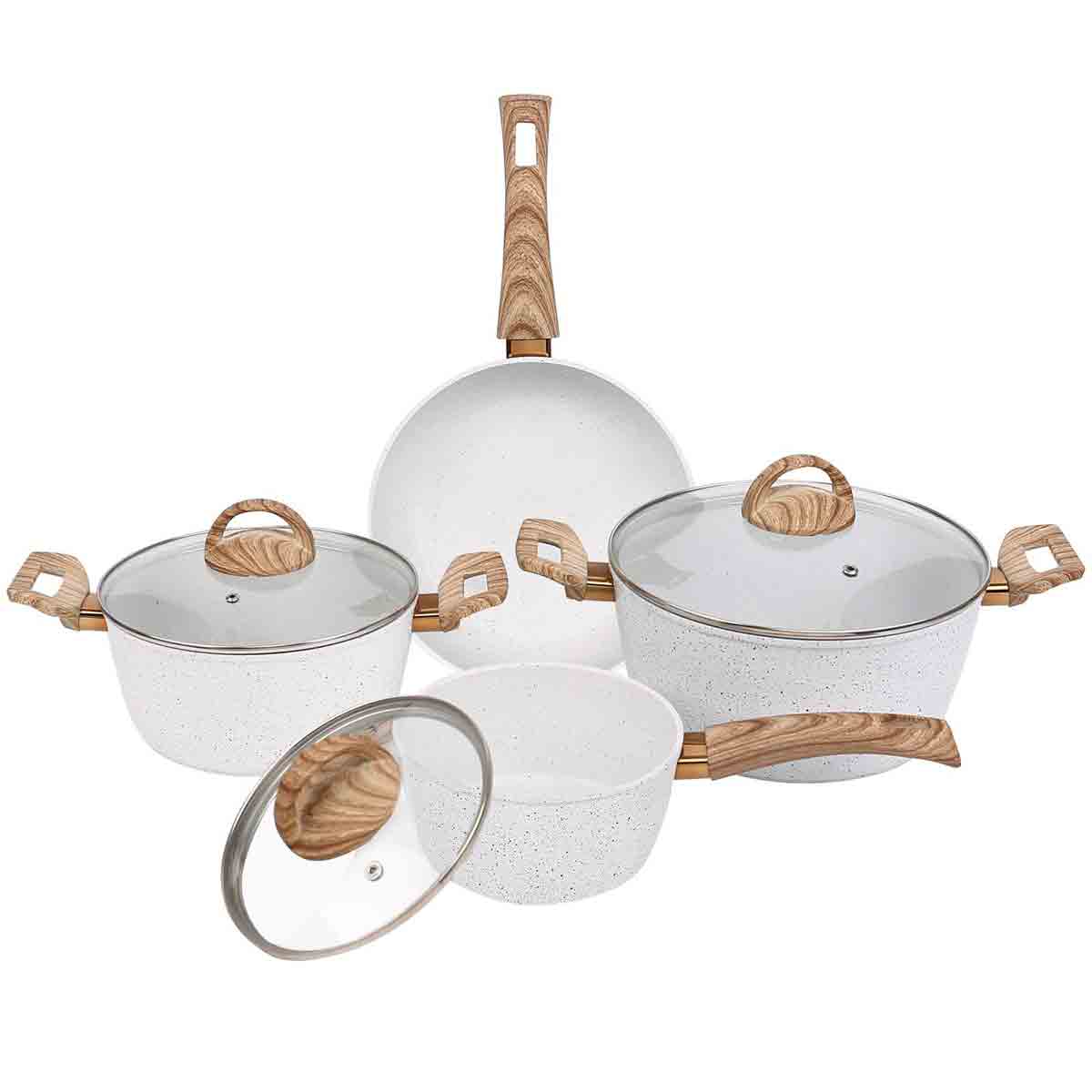 Gr8 Home Coconut Aluminium 7 Pcs Induction Non Stick Frying Pan Saucepan Pot Cookware Set