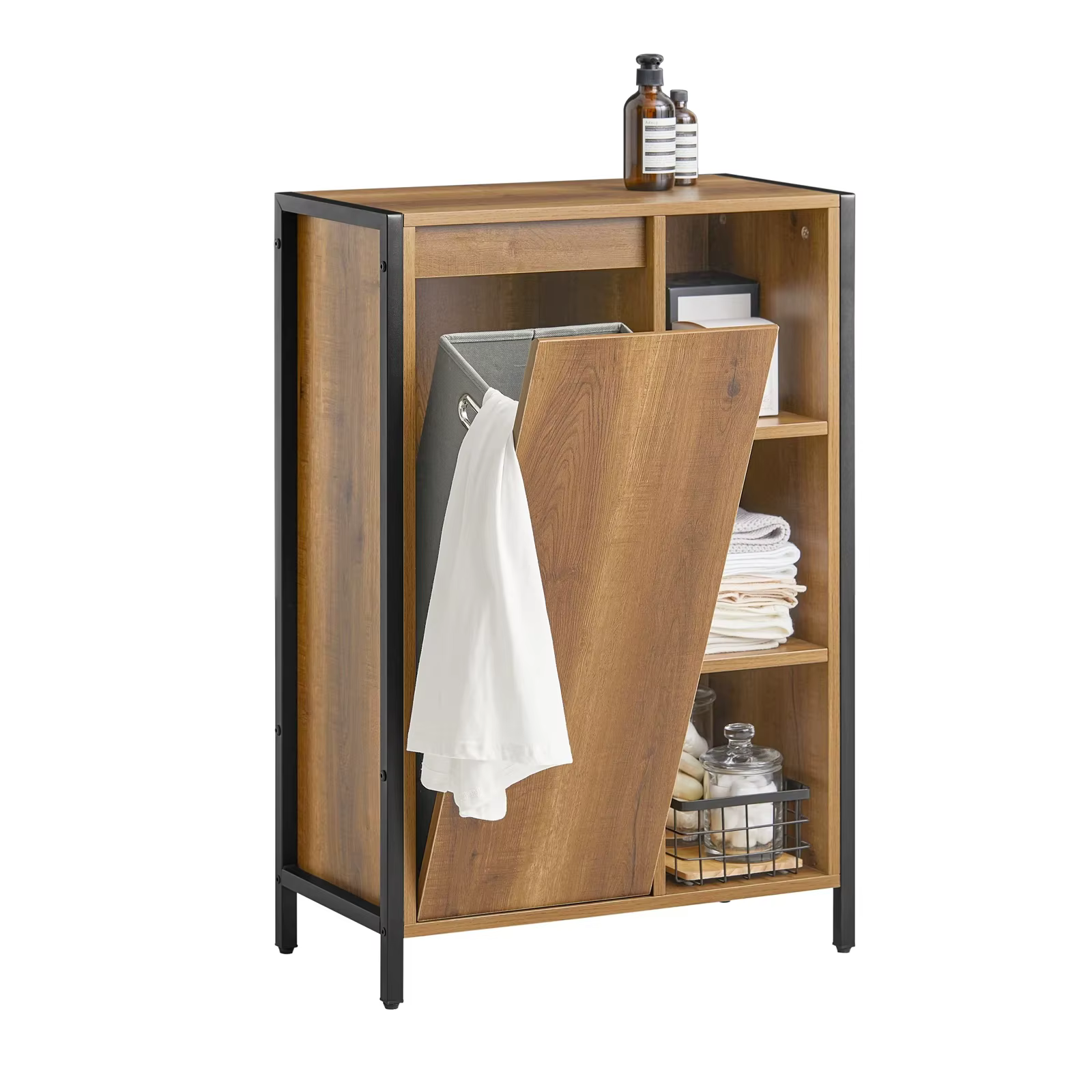 SOBUY Bathroom Cabinet with Laundry Basket and Storage Compartments - Brown
