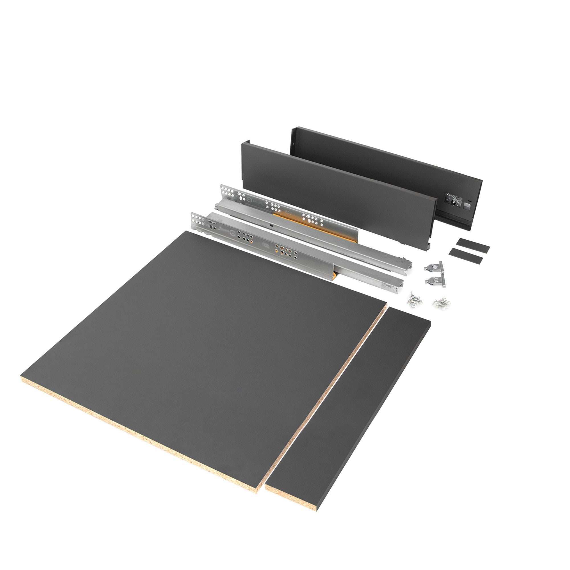 Nessuno Kit cassetto per cucina o bagno con pannelli inclusi, chiusura soft, profondità 500 mm, altezza 93 mm, modulo 600 mm, Acciaio, Grigio antracite.