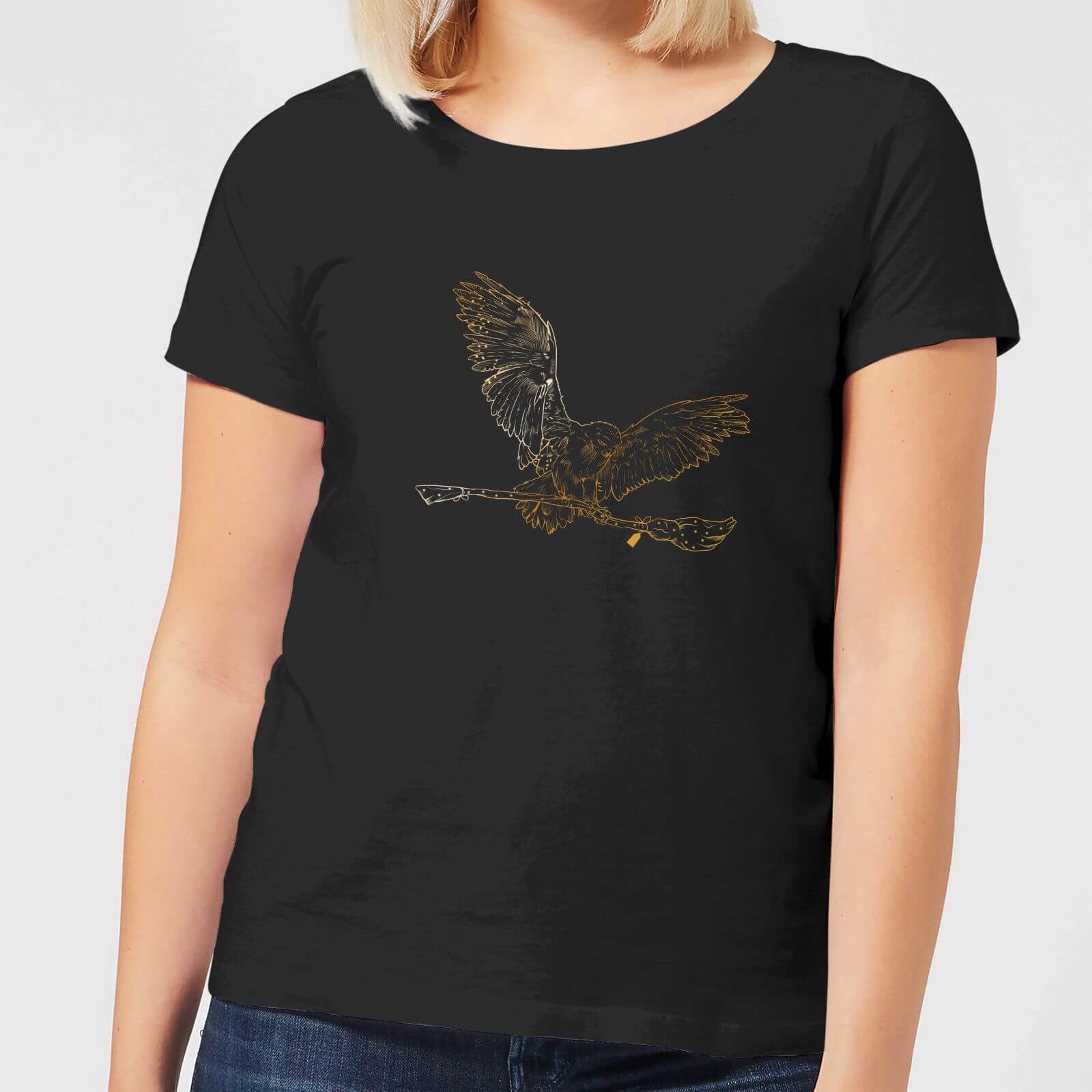 Original Hero Harry Potter Hedwig Broom Gold Women's T-Shirt - Black - M