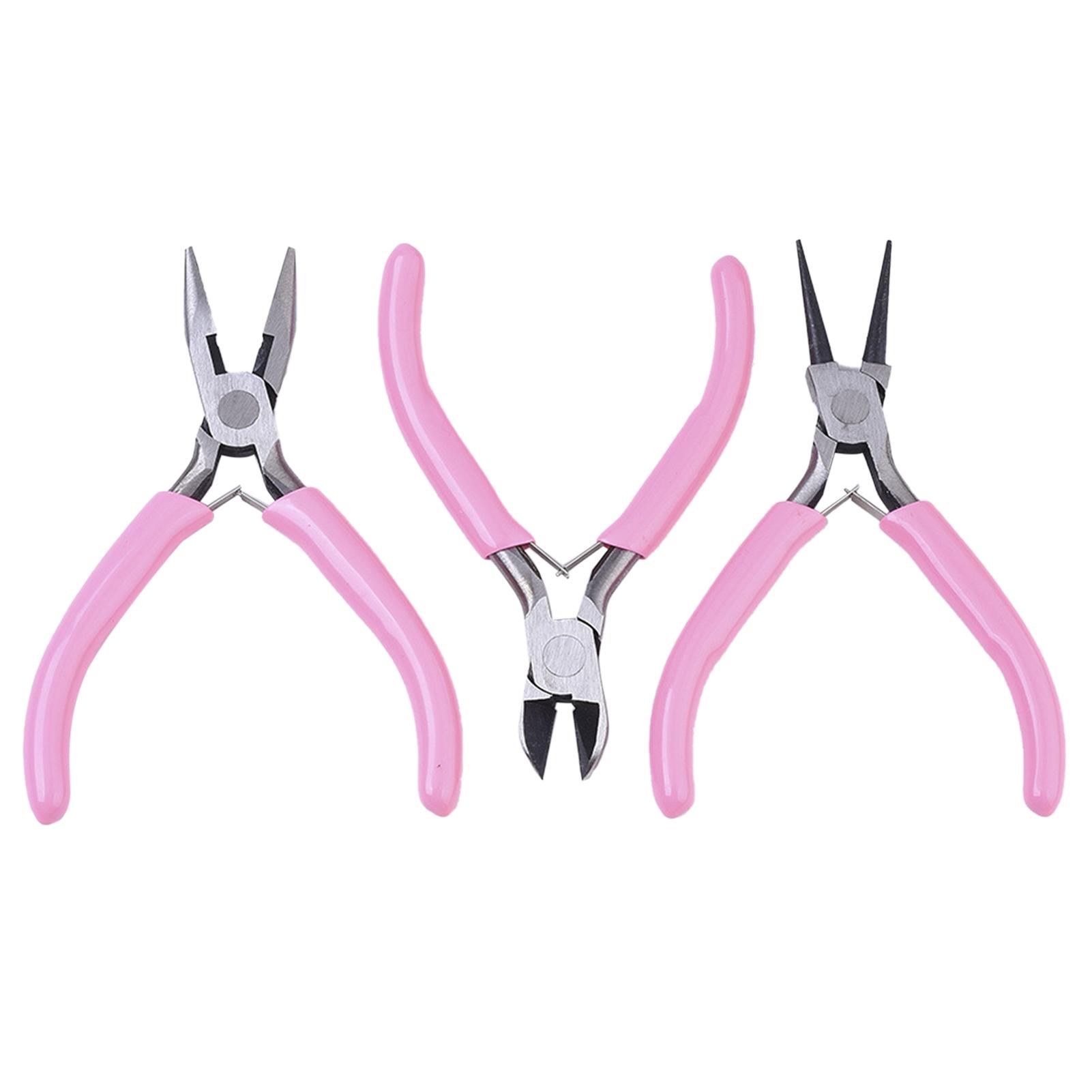 Neoglint 3Pcs Pliers Set Pink Handle Carbon Steel Round Nose Pliers Shear Pliers Side Cutting Pliers DIY