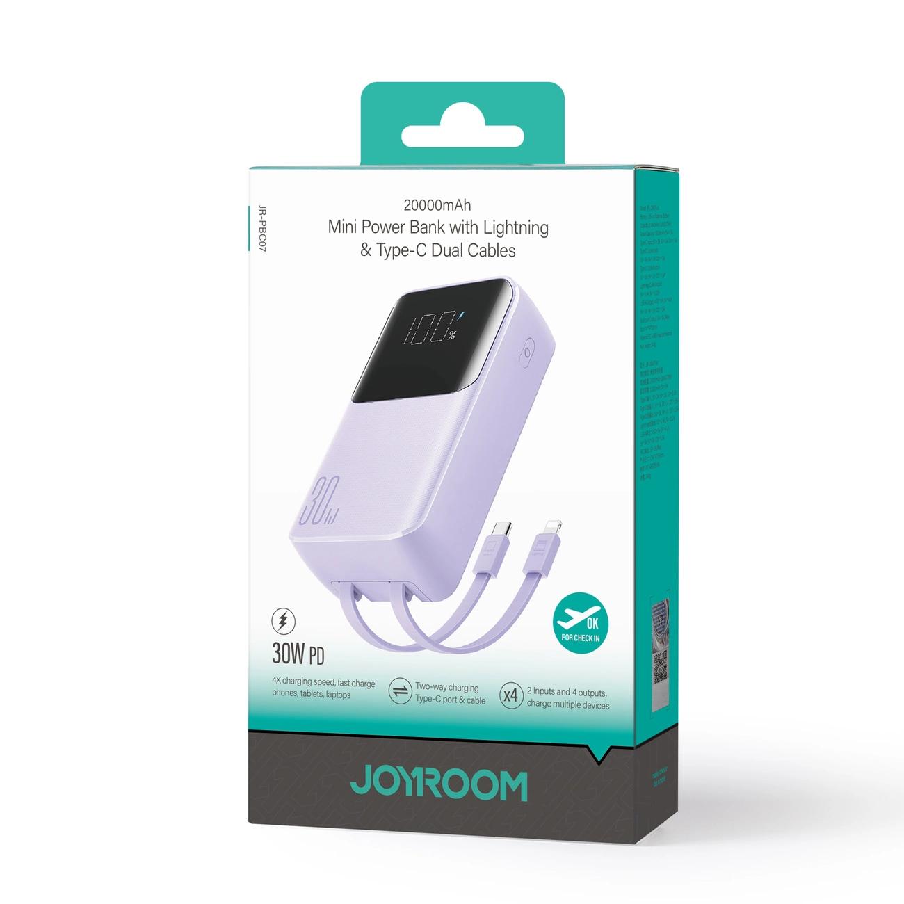 JOYROOM Mini Power Bank With Built-In Cables Joyroom Jr-Pbc07 20000Mah 30W - Purple