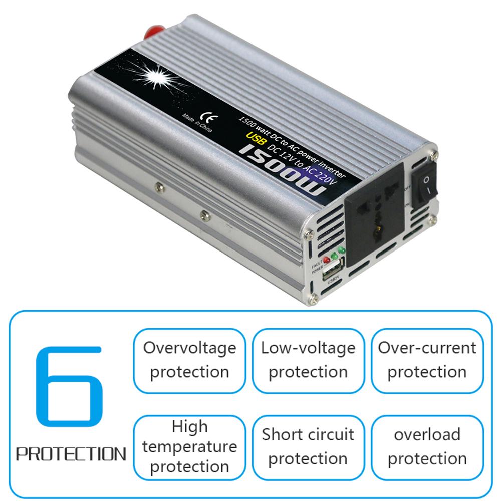 VehicleKit Power Inverter Vehicle Power Converter Universal Modified Sine Wave 1500W DC 12V/24V to silver