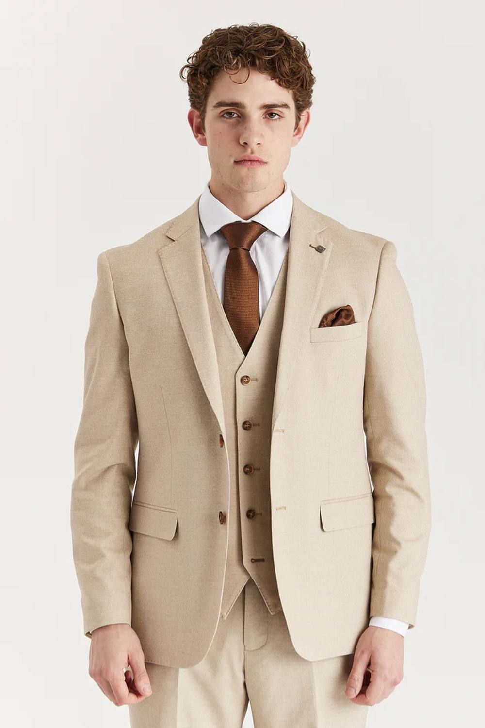 Paul Andrew Men Belmont 3 Piece Suit Classic Stitch Lapel Wedding Summer Prom in Beige | Size: 46R