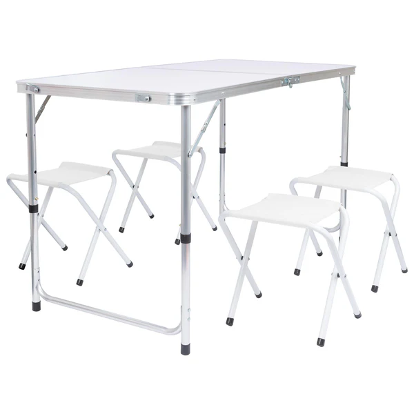 Harbour Housewares 5Pc Height Adjustable Folding Picnic Table & Chairs Set - White - Portable Outdoor Garden Camping Furniture
