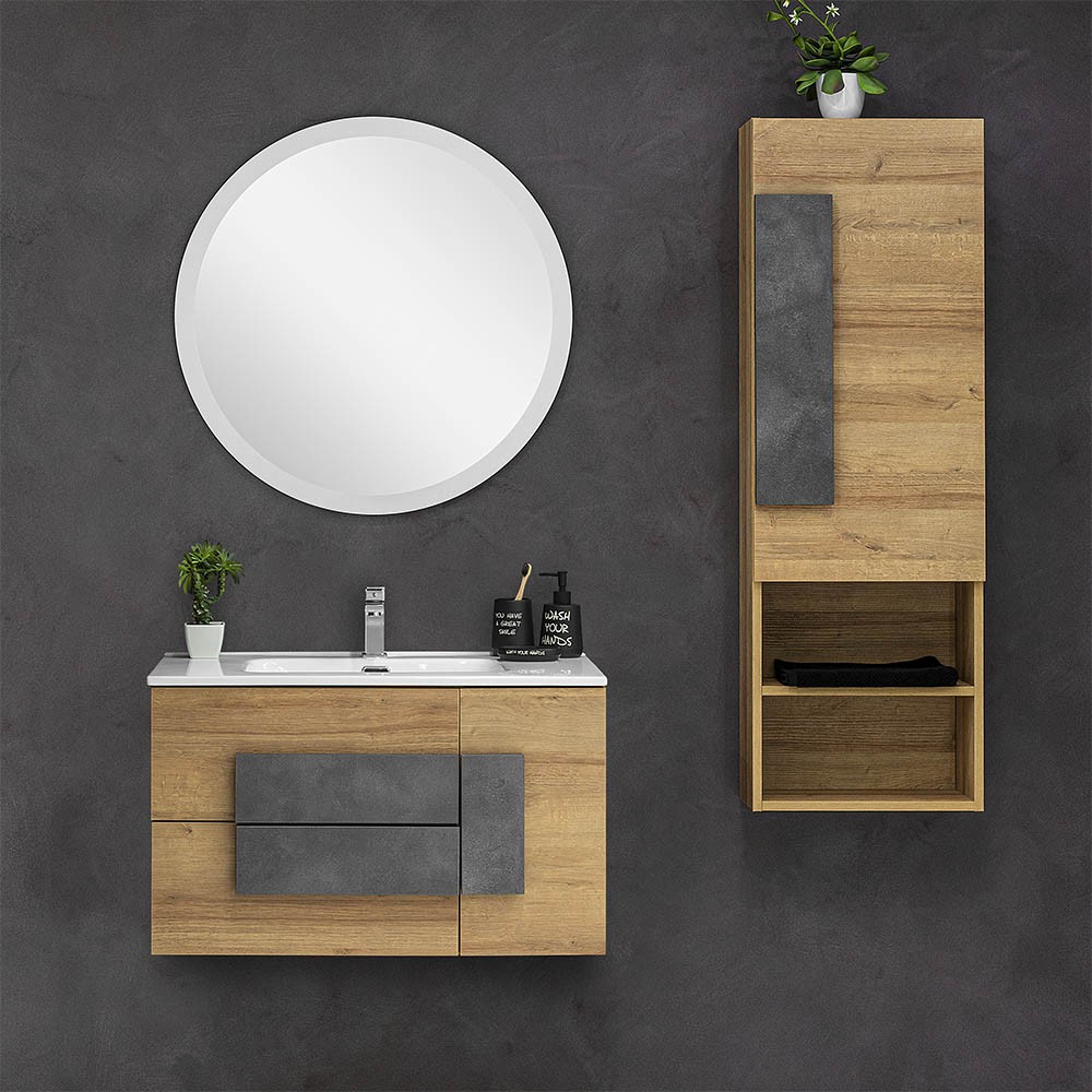 FERIDRAS Mobile bagno sospeso 80 cm specchio tondo lavabo ceramica moderno 80400