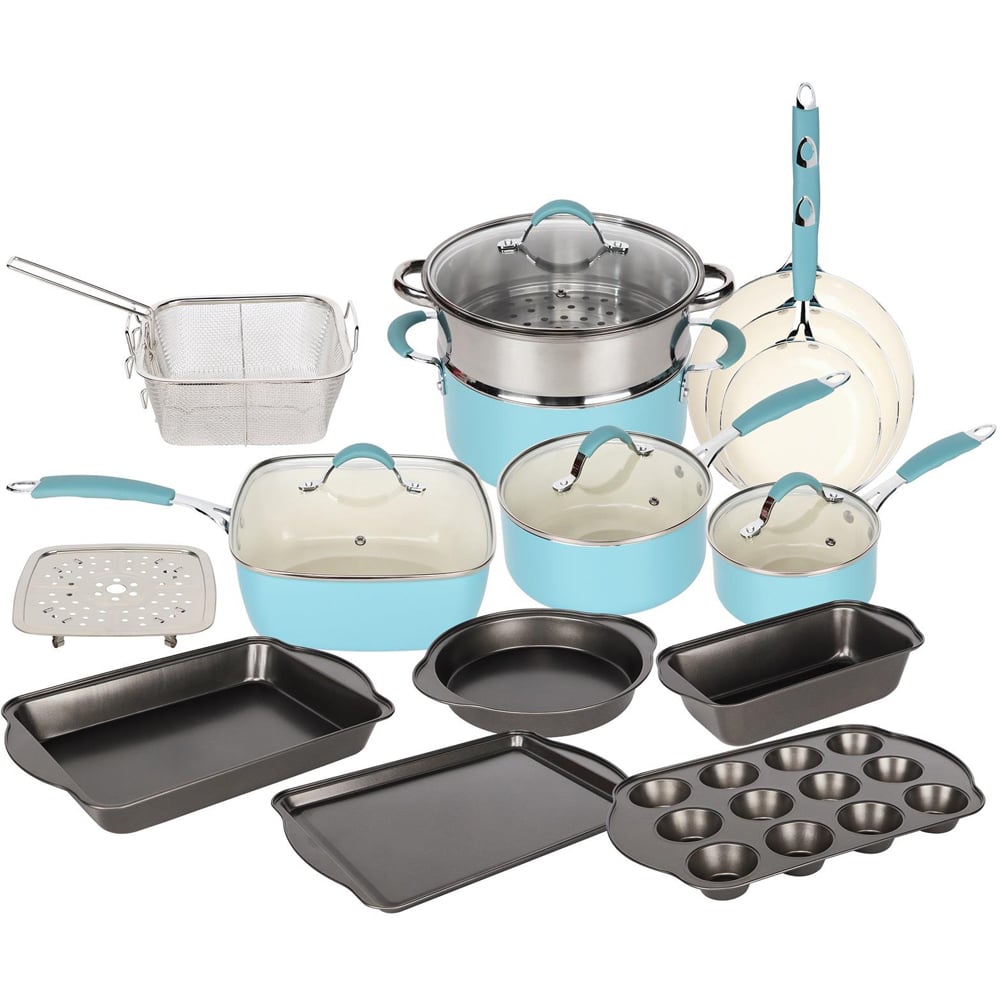 Gr8 Home Blue and White Induction 19 Piece Non Stick Kitchen Cookware Bakeware Set
