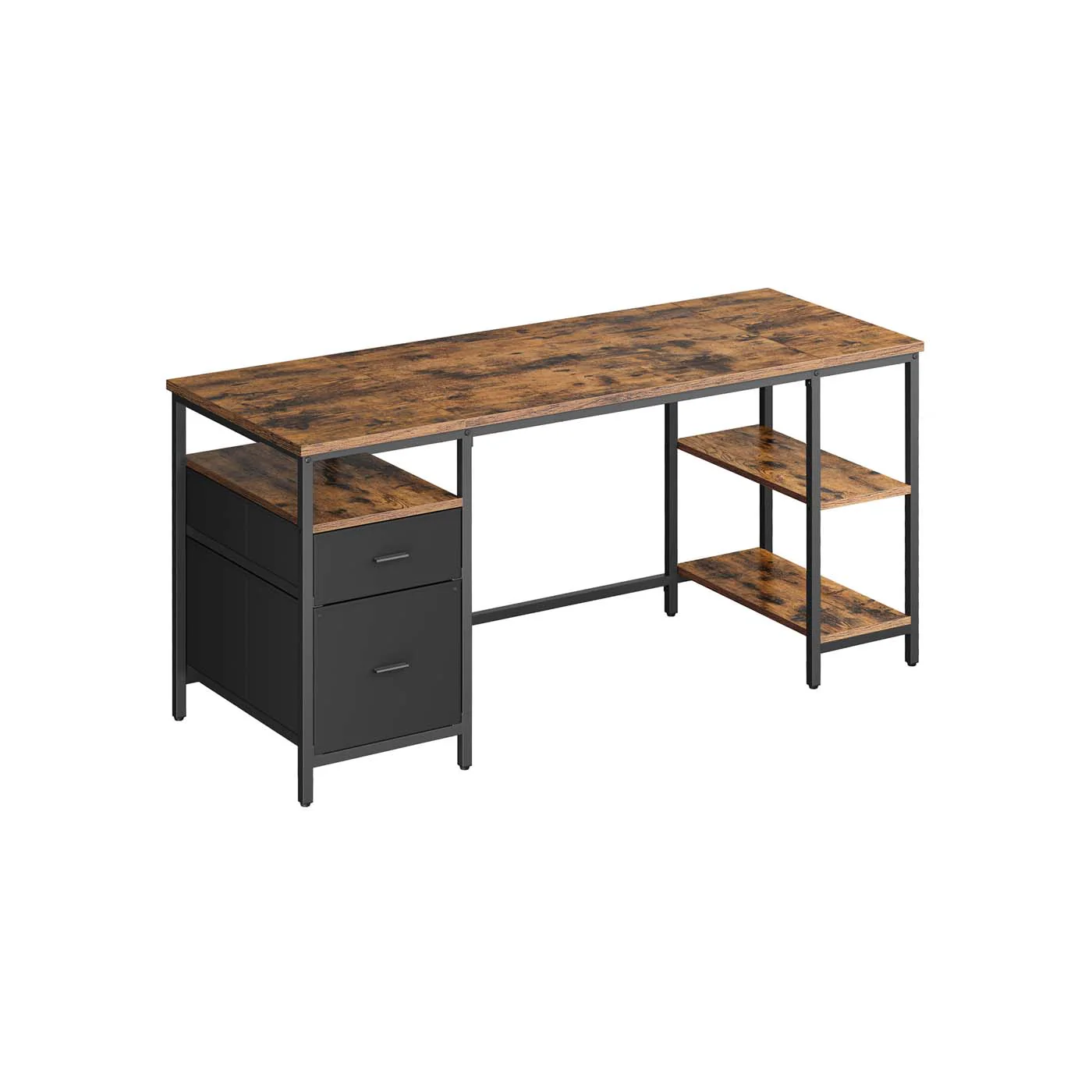 VASAGLE Computer Desk with Shelves and Drawers for Home Office and Living Room, Rustic Brown +Matte Black / 160 x 60 cm