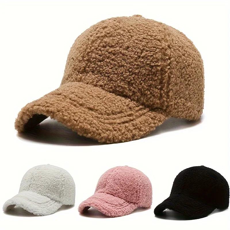 NATAWA Big Head Solid Artificial Lamb Wool Baseball Cap Women Men Autumn Winter Hats Keep Warm Cap Plush Baseball Caps Outdoor Dad Hat