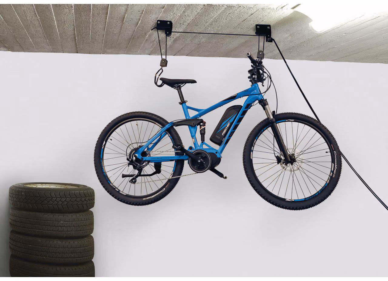 Fischer Fahrräder Bicycle Lift Profi Plus | Load Capacity up to 57 kg | Bicycle Mount | Ceiling Mount for Bicycles and E-Bikes | Up to 4 m Ceiling Height | Mechanical |