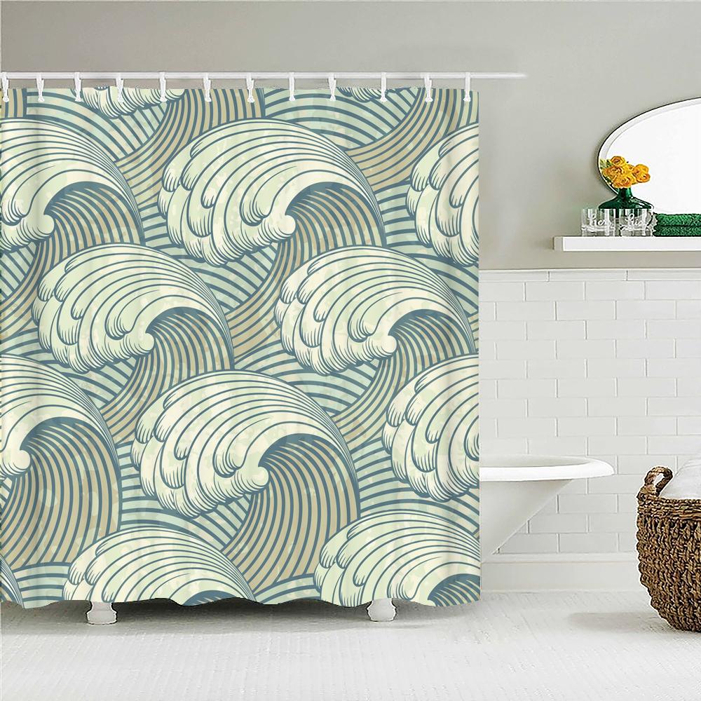 TEXTILIEN Waterproof Polyester Fabric Shower Curtain Japanese-style Waves Samurai landscape 3d Printing Bathroom Decor Shower Curtains W90xH180cm