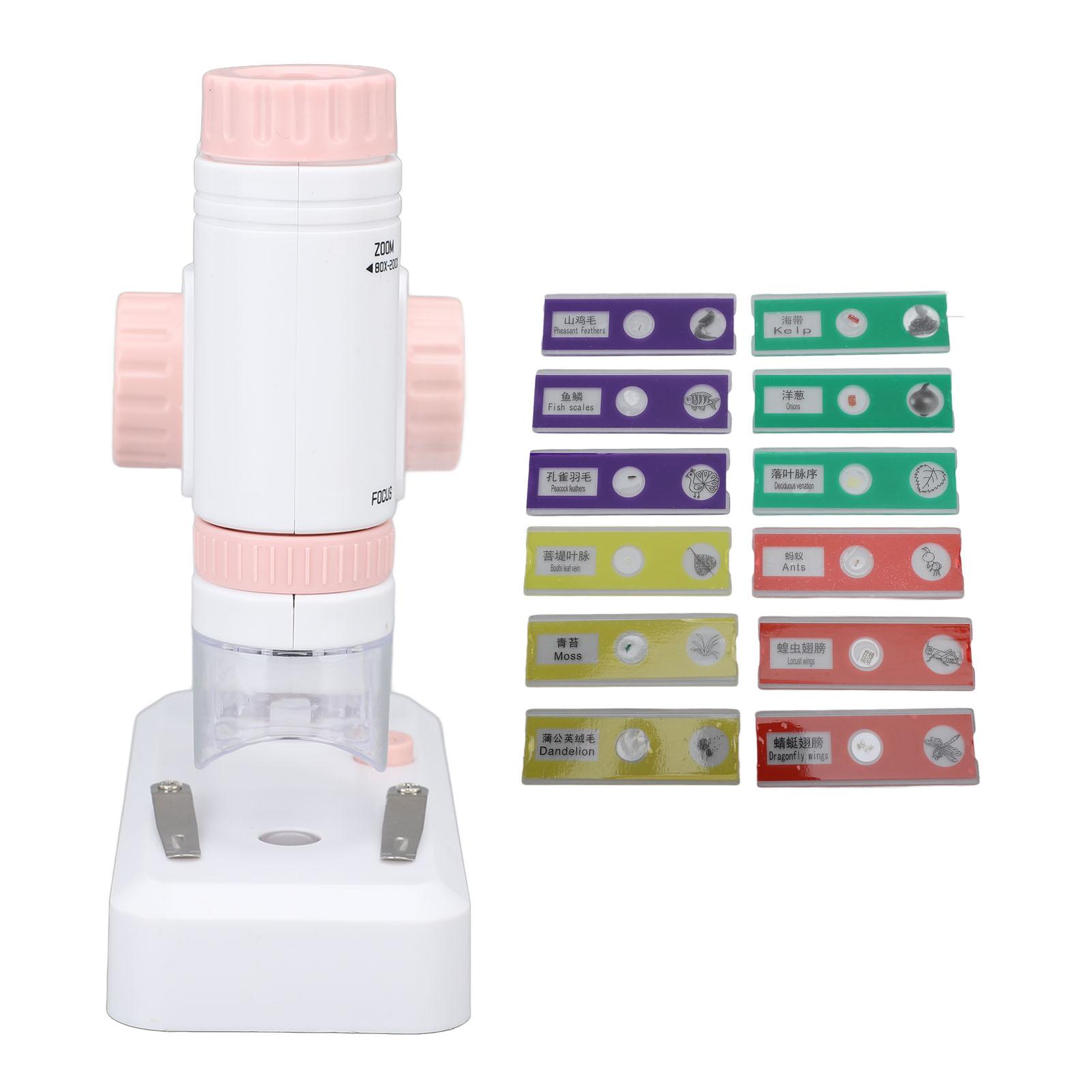 KKmoon 80X?200X Kids Microscope with 12PCS Slides 2 in 1 LED Lighted High Definition Pocket Microscope for pink