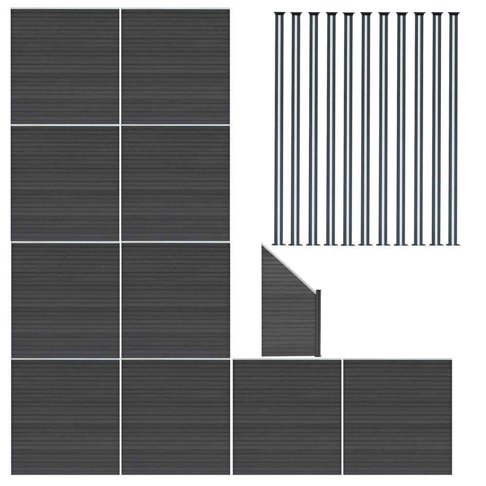 MonsterShop Composite Fence Panels X 10, Angled Piece & Post X 11 - Grey
