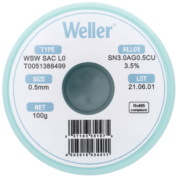 Weller T0051388499 WSW SAC L0 96.5/3/0.5 Solder Wire 0.5mm 100g