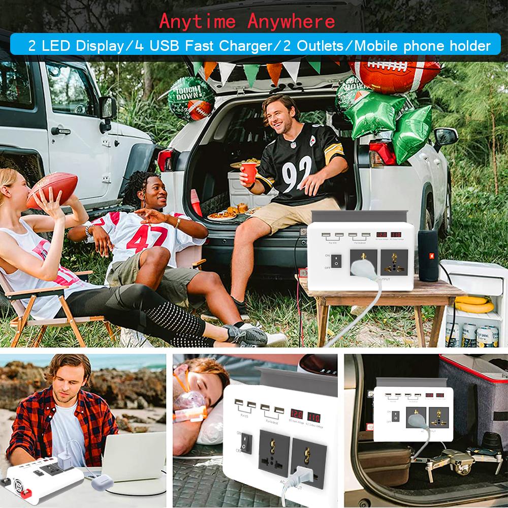 TOMTOP JMS 300w Car Power Inverters Dc 12v To Ac 110v Converter 4 Usb Ports And 2 Ac Outlets Charger Adapter 12v To 220v White