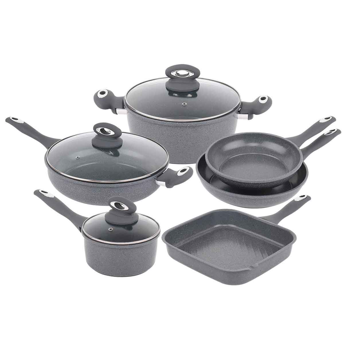 Gr8 Home Forged 9 Piece Grey Marble Carbon Steel Non Stick Saucepan Cookware Set