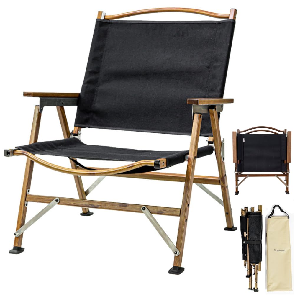 YRstudio Simpleme Camp Low Chair Aluminum Lightweight Folding Walnut Camp Chair Load Capacity 120kg Seat Height Compact Outdoor Low Chair with Velcro 31.5cm black