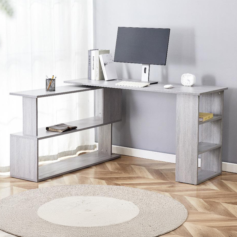  Grey Office Desk L-Shaped With Storage Shelves Wooden Room Furniture For Home, Study, And Office