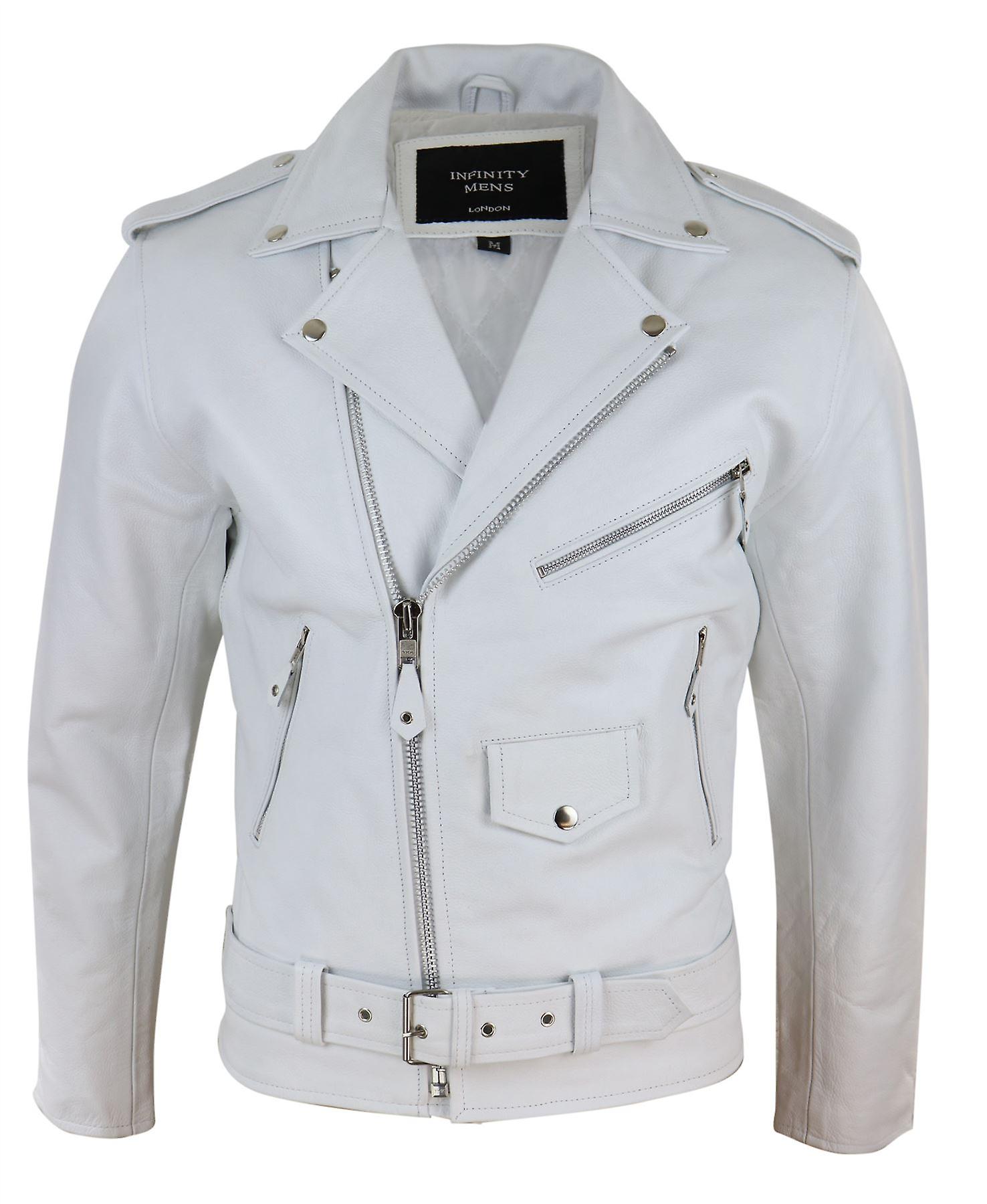 Truclothing Men's Cowhide Motorcycle Cross Zip Biker Jacket in White | Size: Small