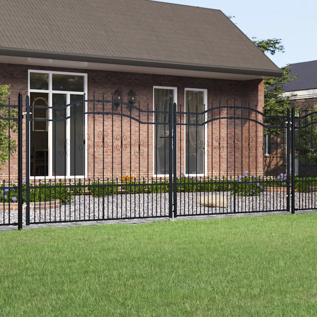 VidaXL Fence Gate With Spear Top Black 406X198 Cm Powder-Coated Steel Fence Gates