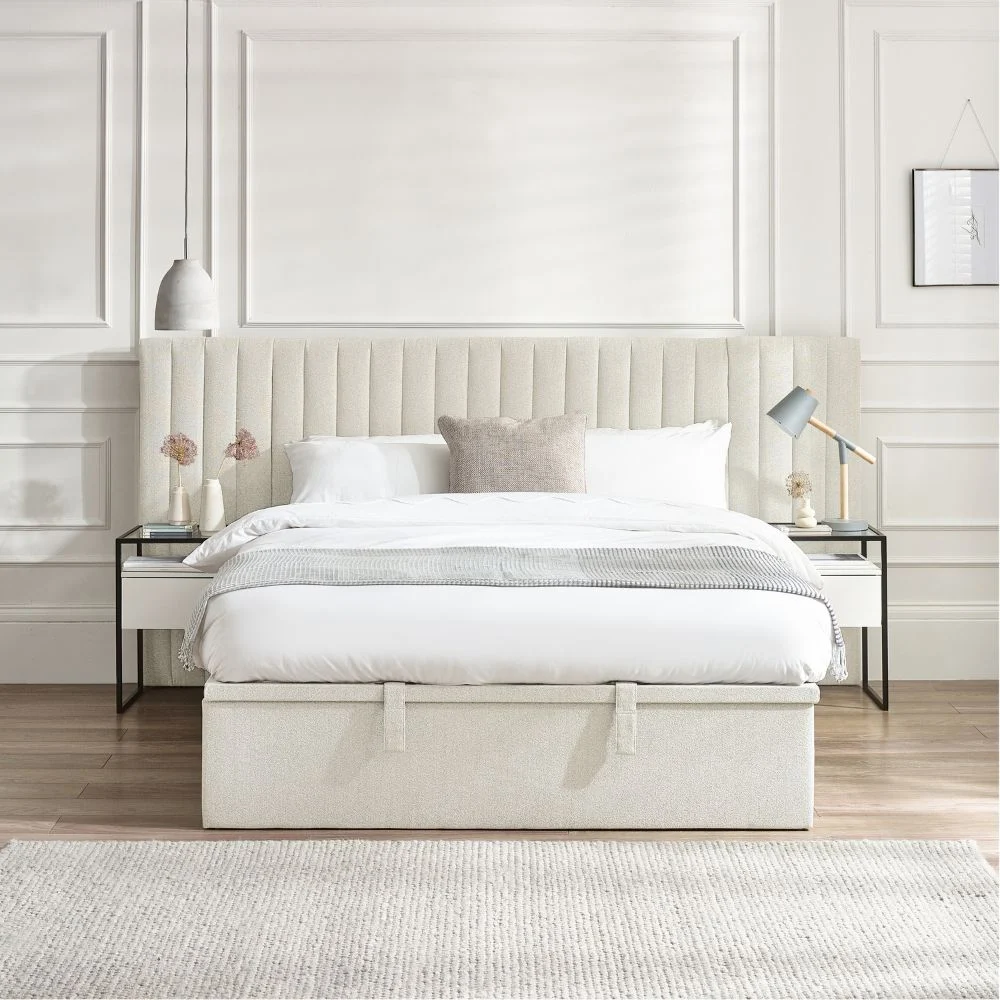 Happy Beds Paige - Super King - Ottoman Storage Hotel Bed - White - Fabric - 6ft - Happy Beds