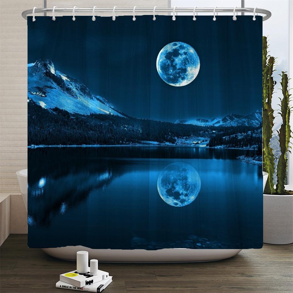 TEXTILIEN Full Moon Shower Curtain Ocean Landscape Starry Sky Waterproof Fabric Shower Curtains Bathroom Accessories Curtain With Hooks W120xH180cm