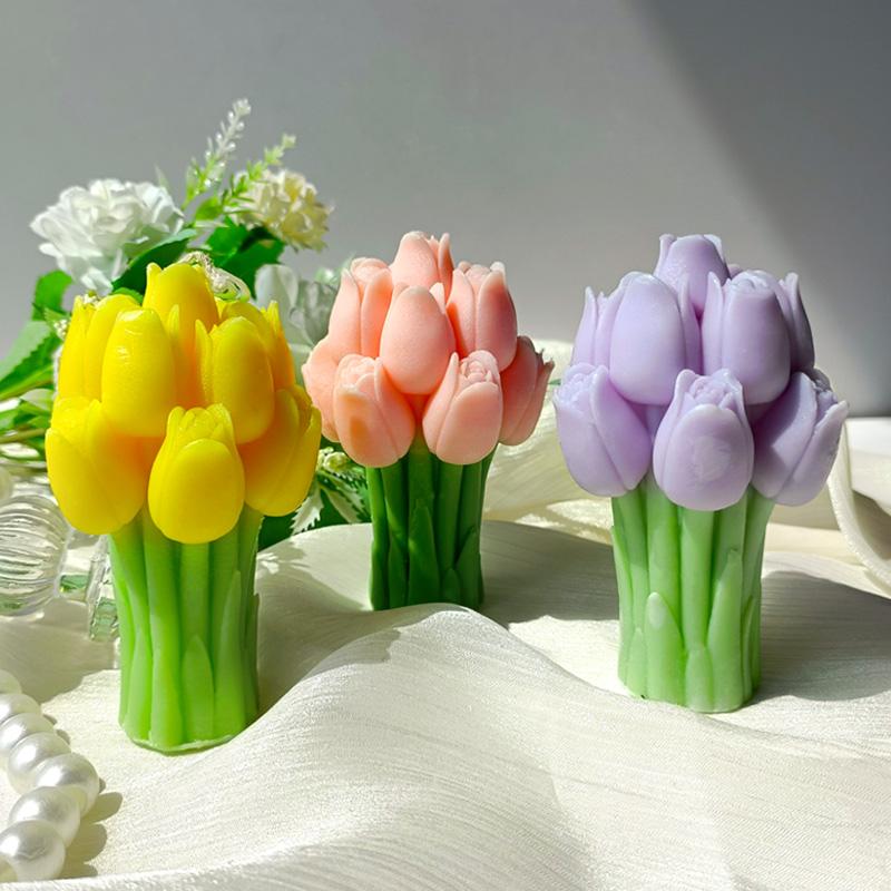 Love Home Garden 3D Tulip Bouquet Silicone Mold DIY Flowers Aroma Candles Plaster Ornament Molds Handmade Gift Soap Candle Making Supplies