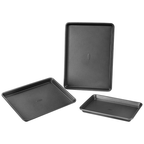 VEVOR Baking Pans Set, 3-Piece, Nonstick Carbon Steel Cookware Sheets & Trays, Stackable Kitchen Oven Bakeware Cooking Sets with Silicone Handles,
