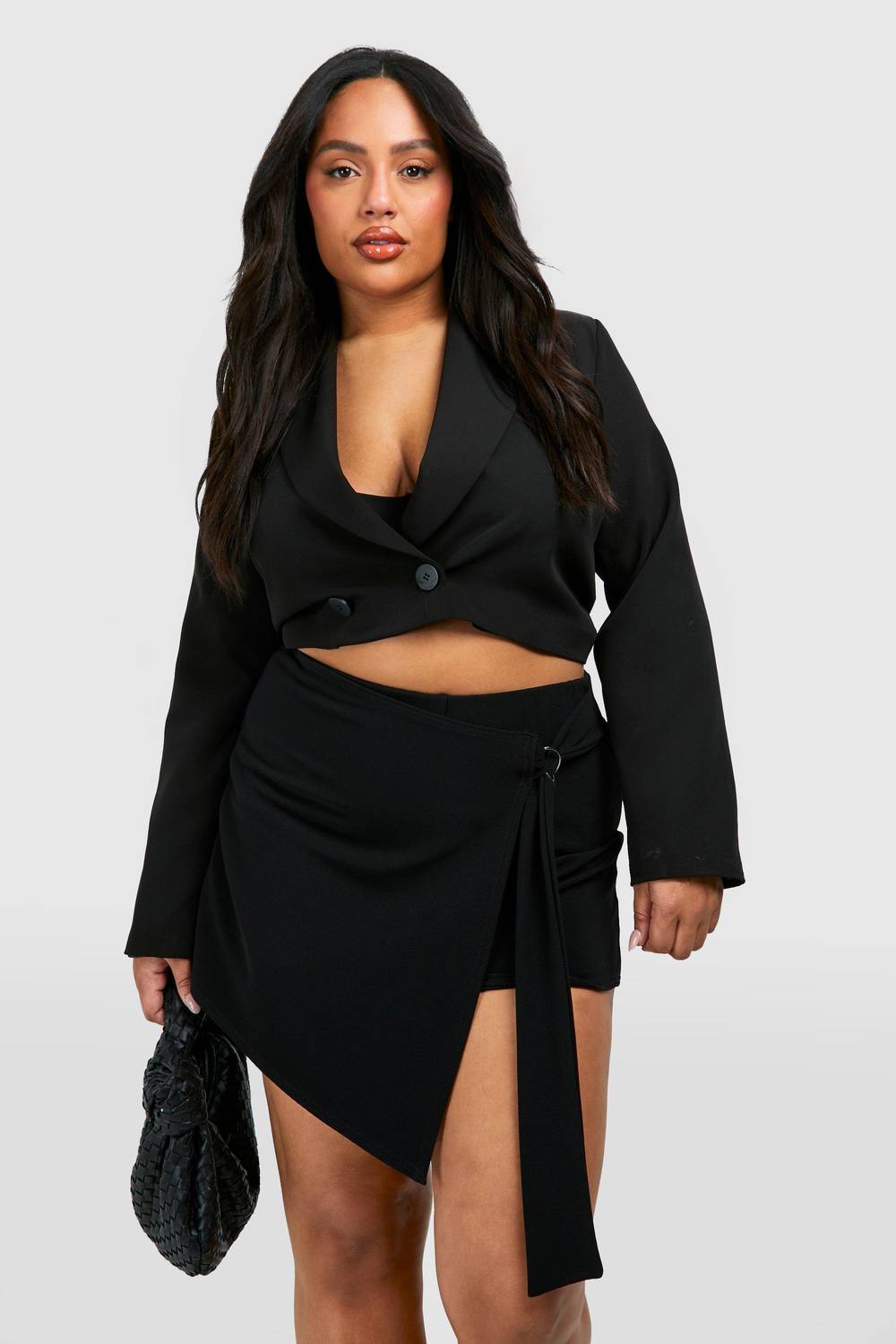 Boohoo Plus Rib Belted Wrap Mini Skirt