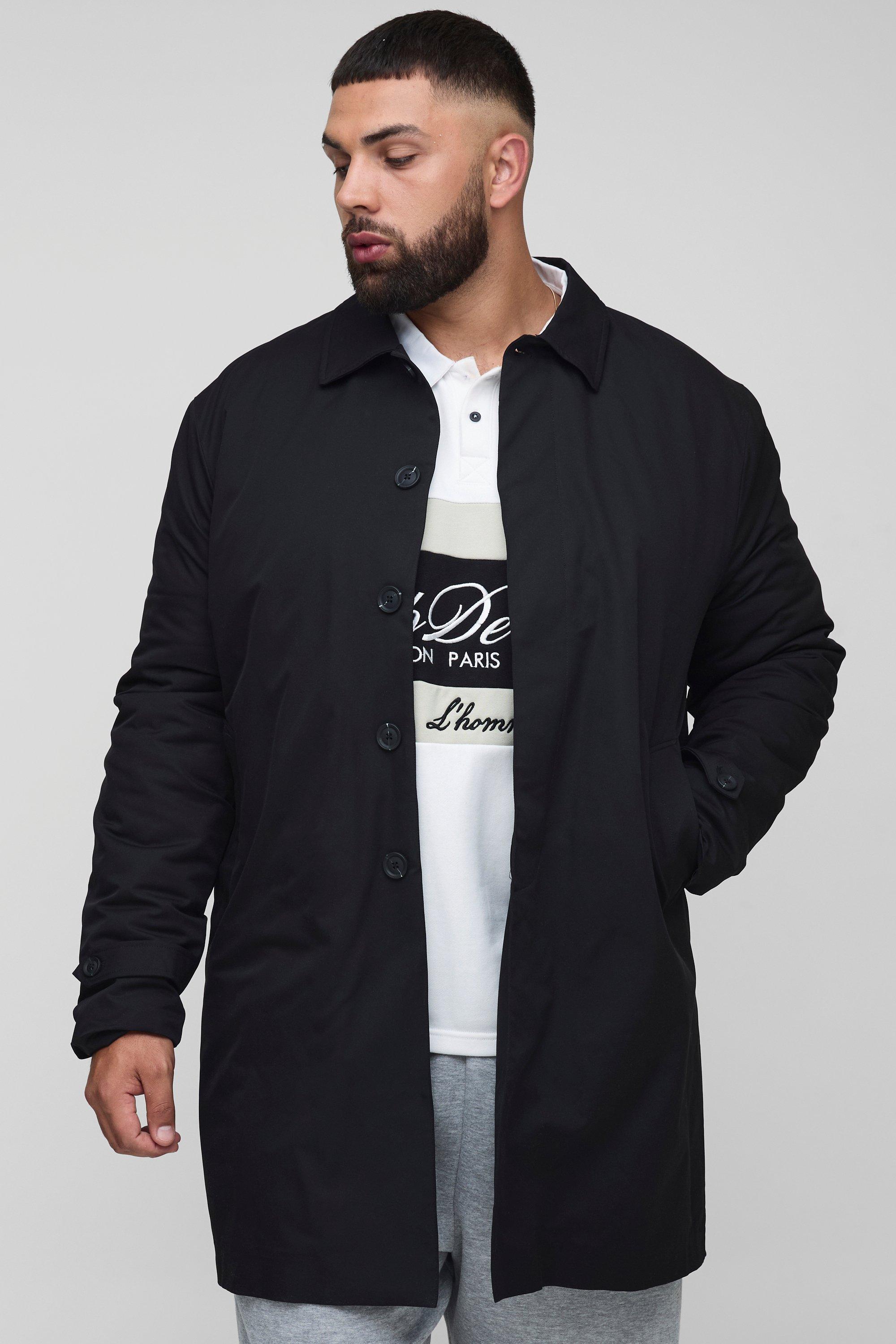 BoohooMAN Mens Plus Quilted Padded Longline Regular Fit Mac Jacket In Black, Black