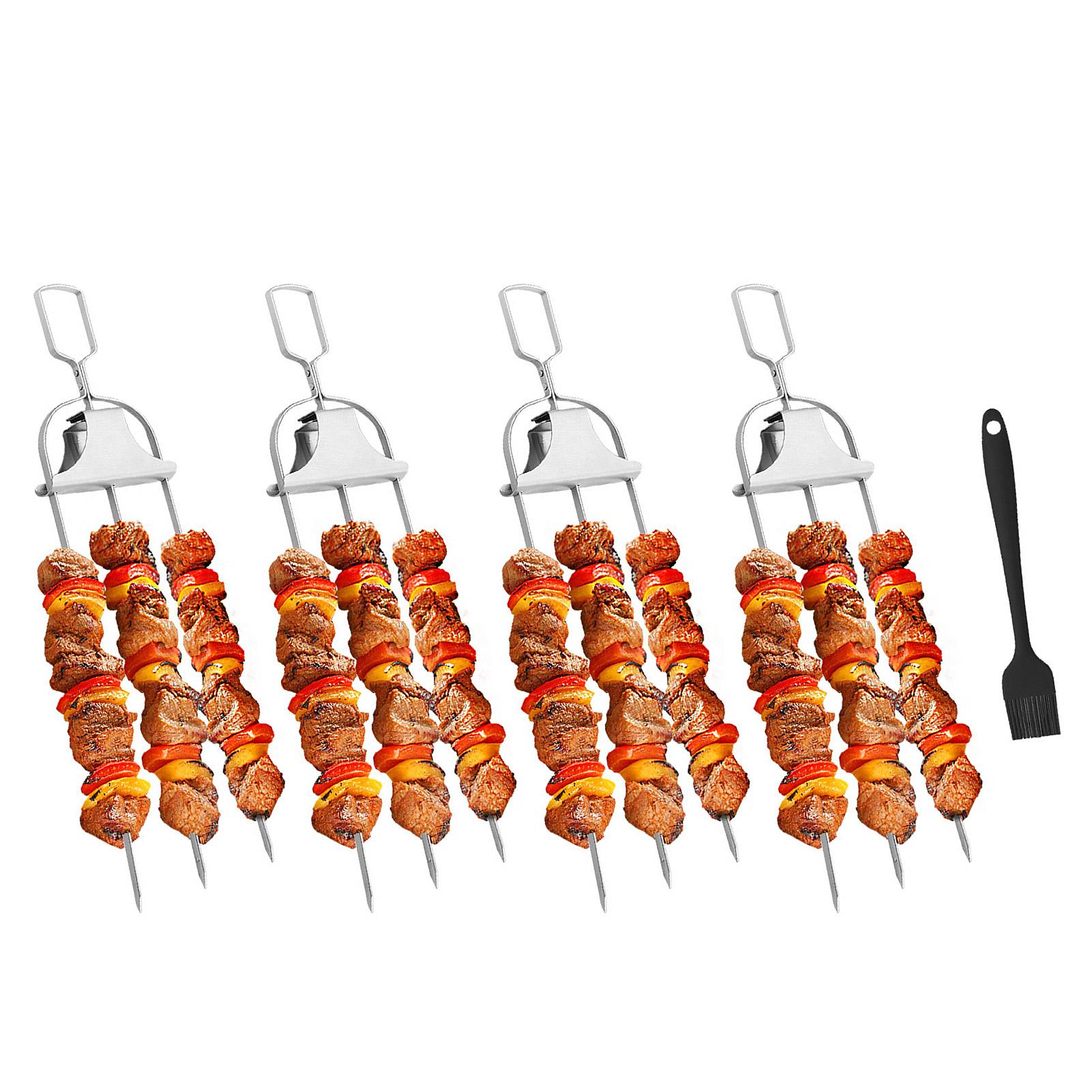 TOMTOP JMS Stainless Steel Skewers Semi-Automatic BBQ Outdoor Three-Pronged Grill Fork for Grilling Meat 2pcs