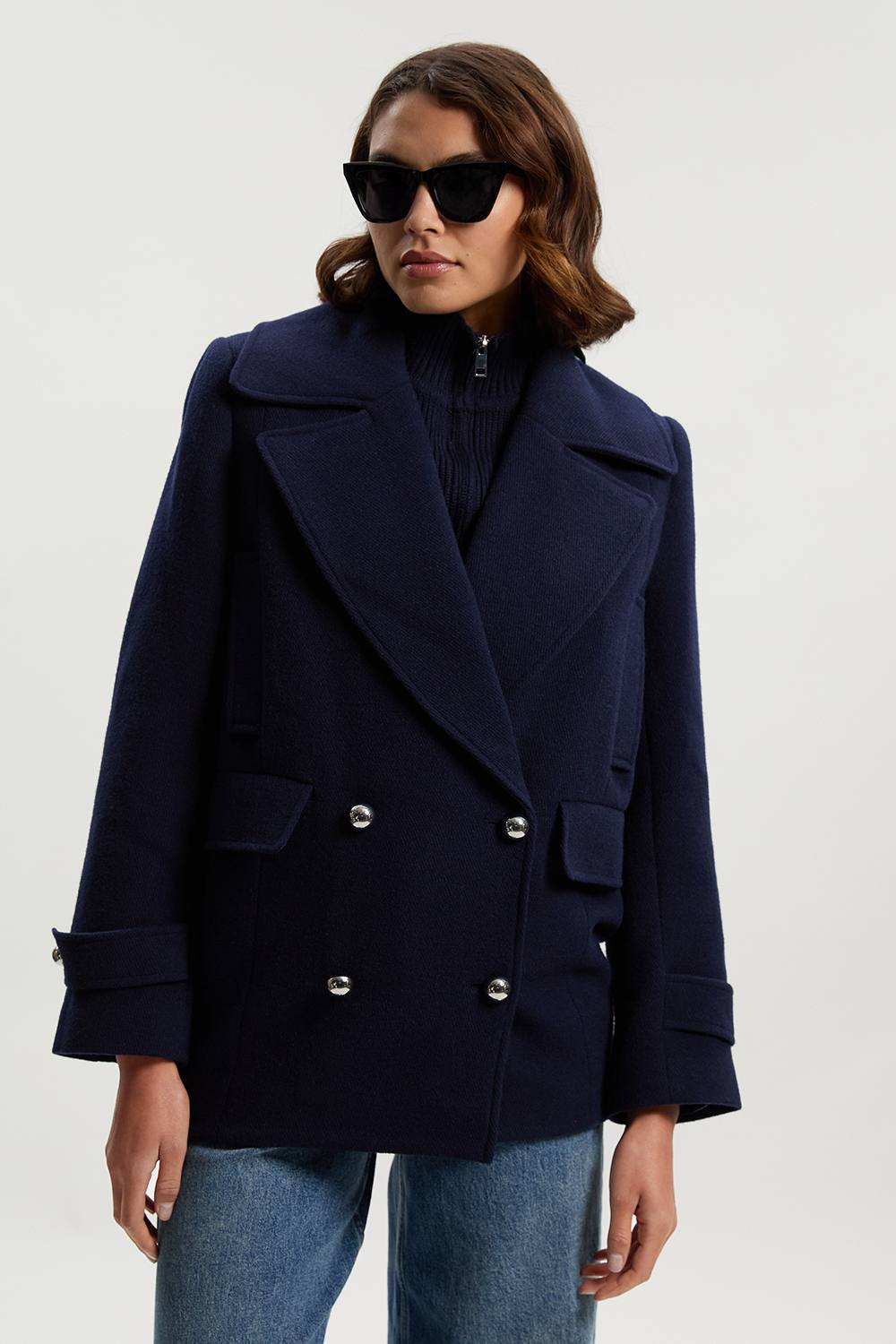 Karen Millen Women's Wool Detachable Knitted Neck Tailored Double Breasted Pea Coat in Navy | Size: 8