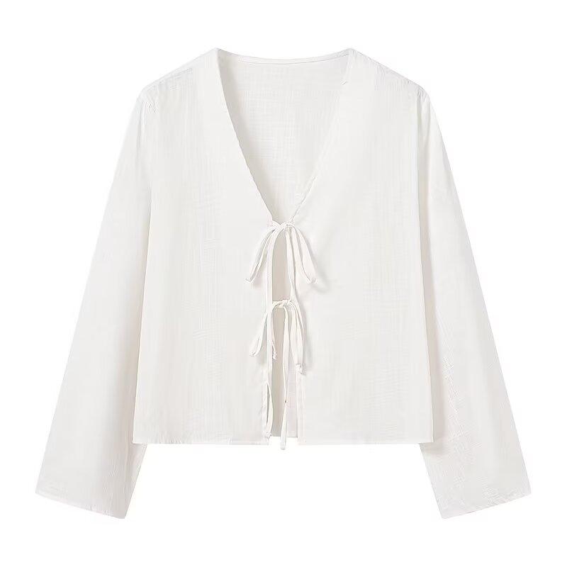 WEFT White Cropped Blouses for Women Tied Casual Shirts and Blouses Woman Long Sleeve Crop Top Female Summer Beach Blouses L white
