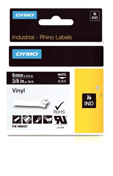 Dymo 9mm Coloured Vinyl Label Tape (White On Black)