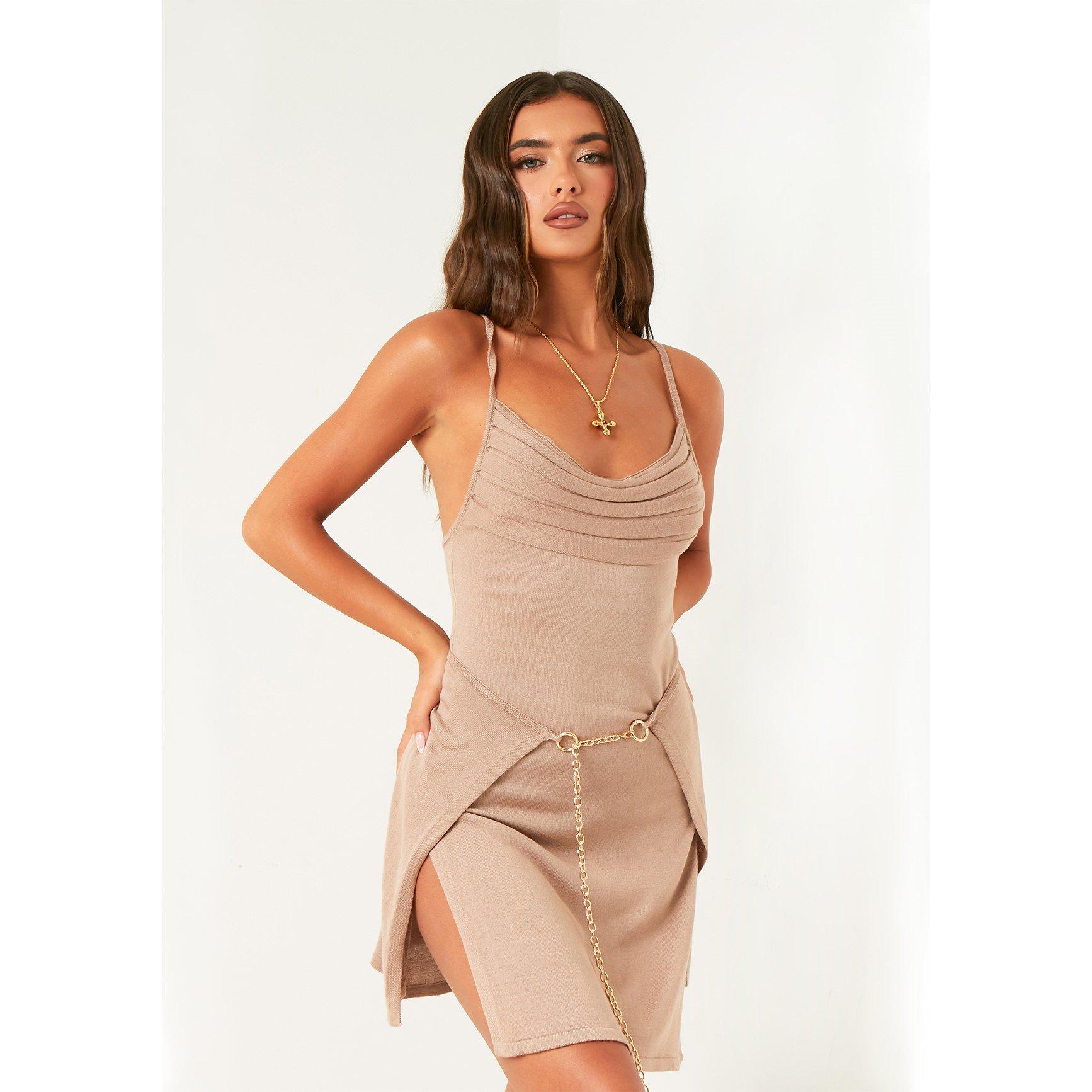 Missy Empire Cowl Dress With Wrap Over Skirt - Beige