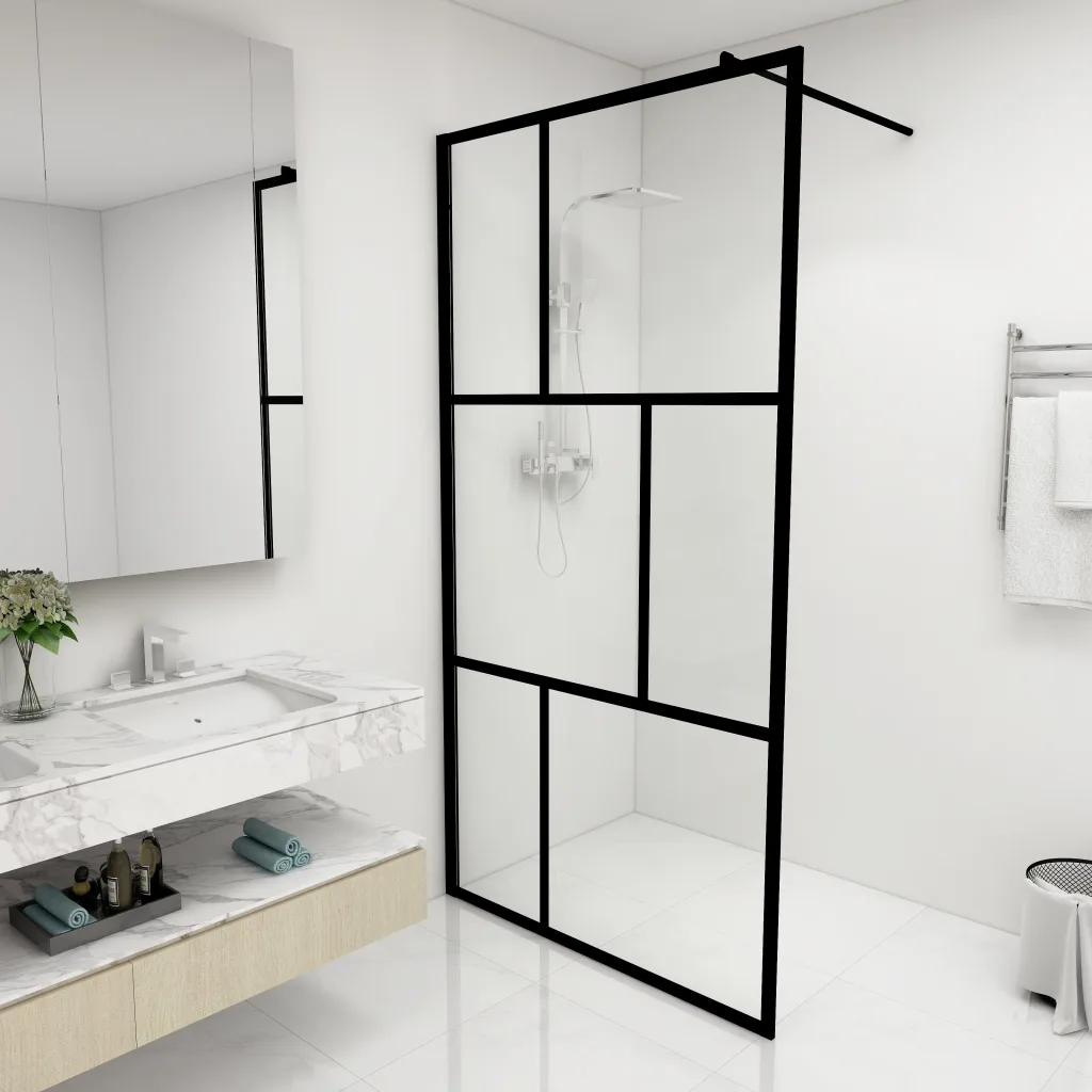 VidaXL Walk-in Shower Wall with Tempered Glass Black 100x195 cm