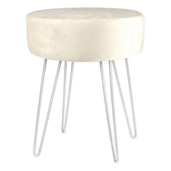 Round Velvet Footstool - Cream - H40 x D35cm - Silver