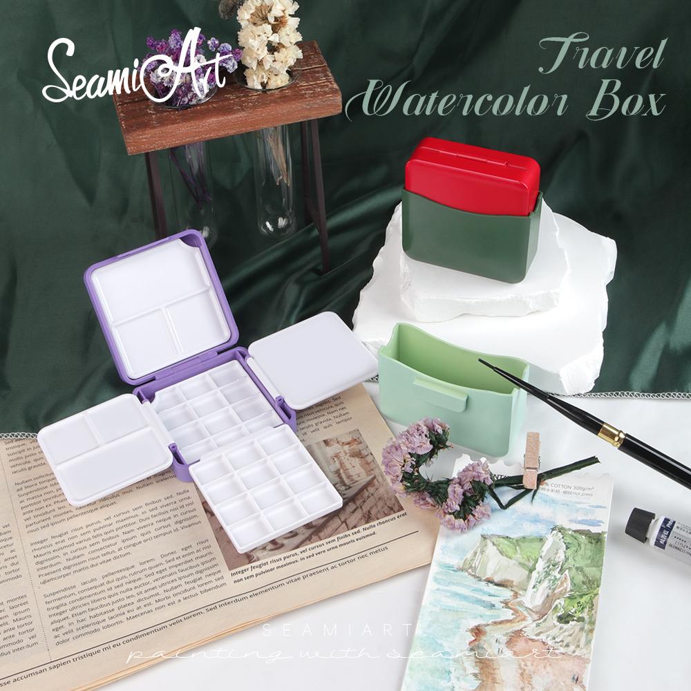 Mango Event SeamiArt 1pc Portable Travel Watercolor Plastic Painting Box with Palette Half Pan Mini Paint Storage Case for Art Supplies