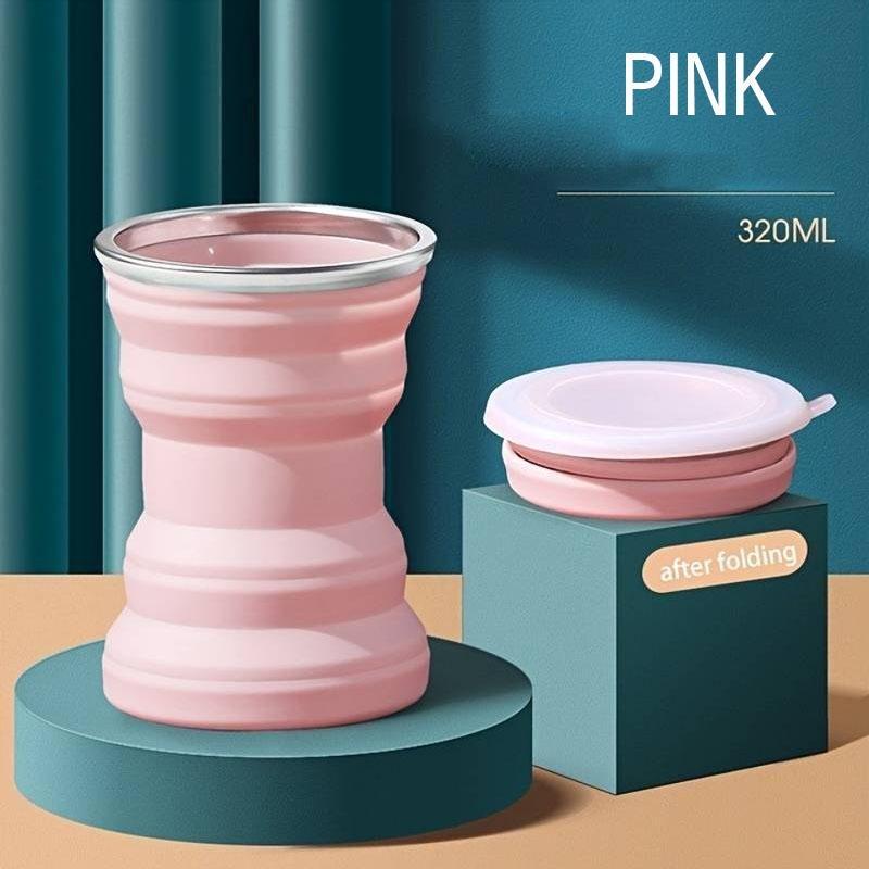YJSTY (Pink, 320ml) 1Pcs Silicone Cup Folding for Business Travel Portable Creative Mini Telescopic Cups with Lid Outdoor Trip Mouthwash Watercup