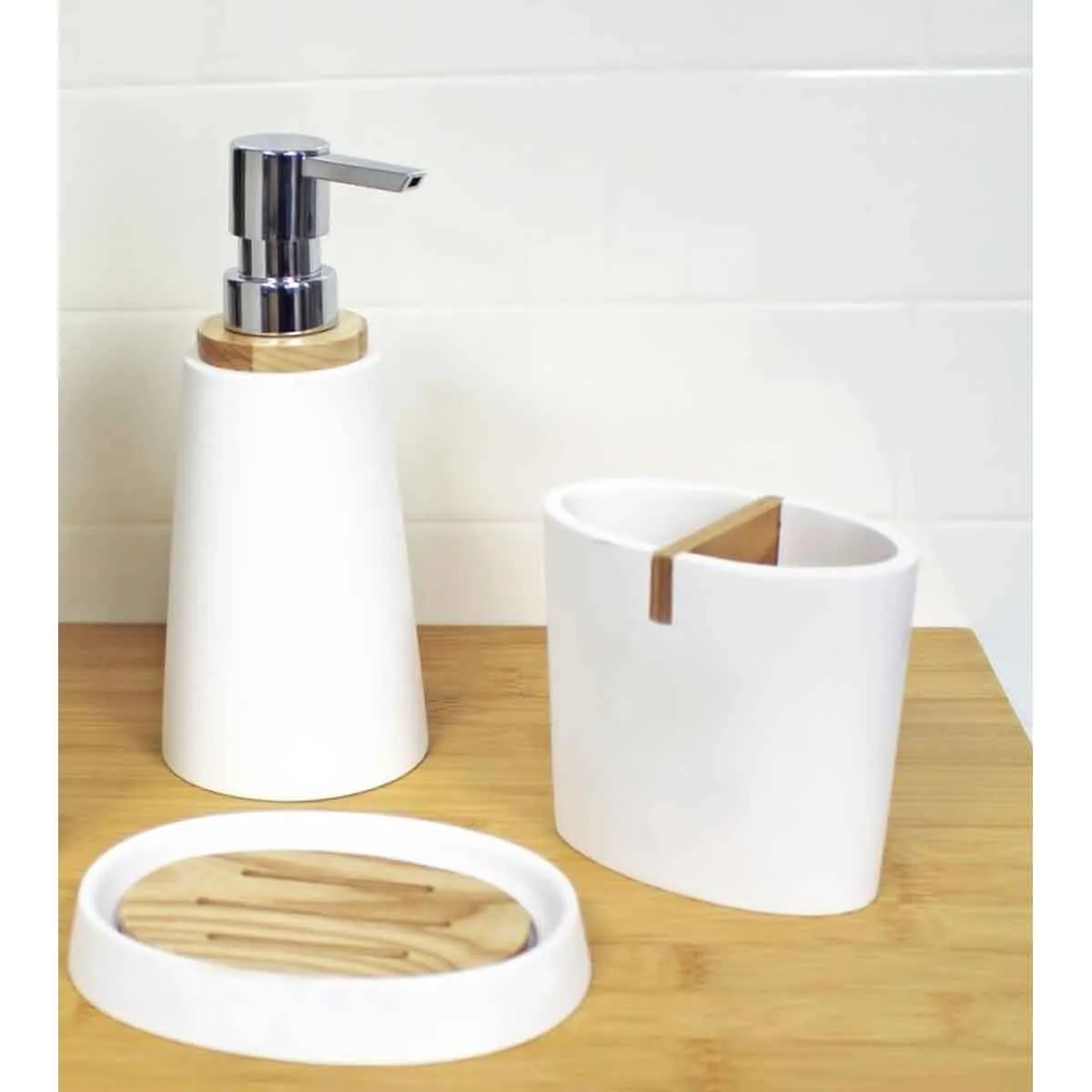 Showerdrape Sonata White & Bamboo 3 Piece Bathroom Accessory Set