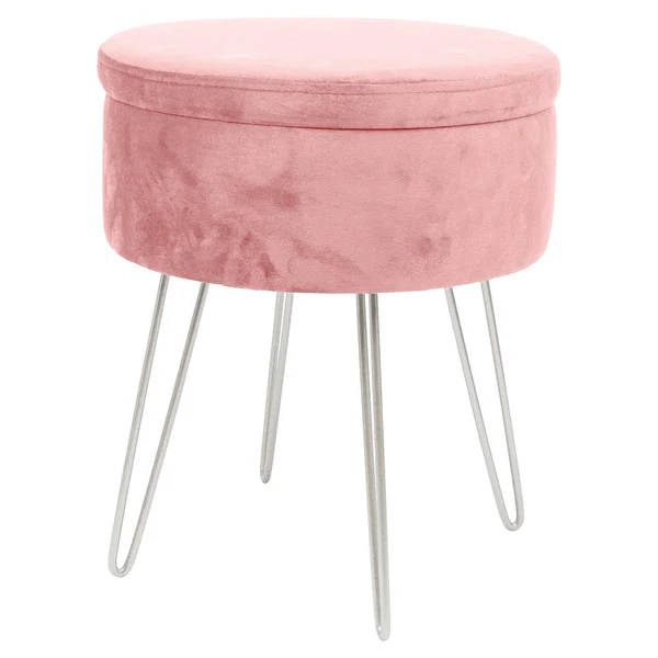 Harbour Housewares Pink Round Velvet Storage Footstool - Silver Legs