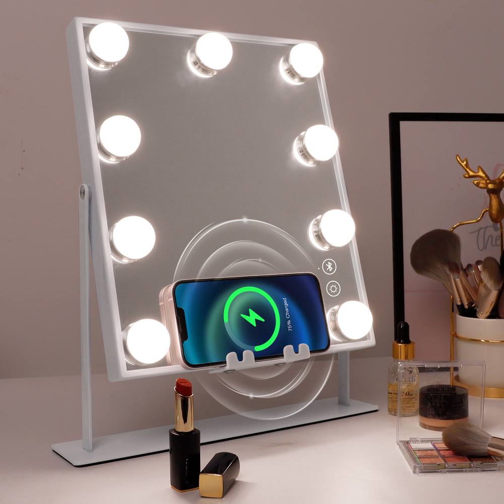 VANITII GLOBAL Bluetooth Hollywood Vanity Makeup Mirror with Lights Rotating 9 LED Make Up Mirror with Wireless Charging
