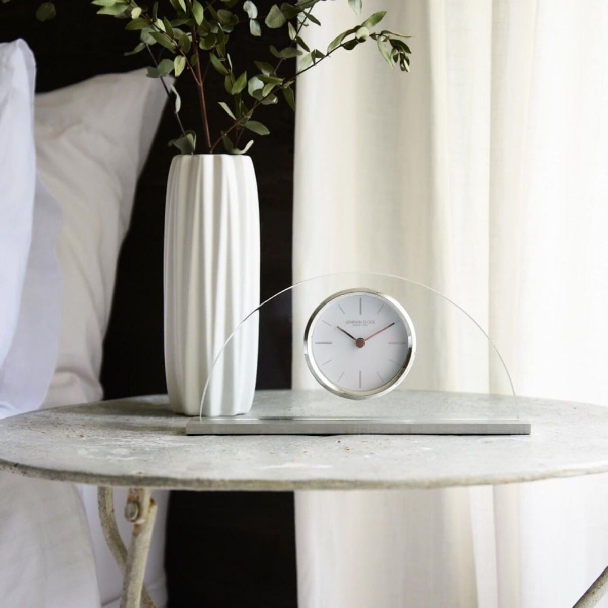 London Clock Company Silver Finish Base & Glass Half Moon Mantel Clock - Engrave with a personalised message - can be Engraved or Personalised