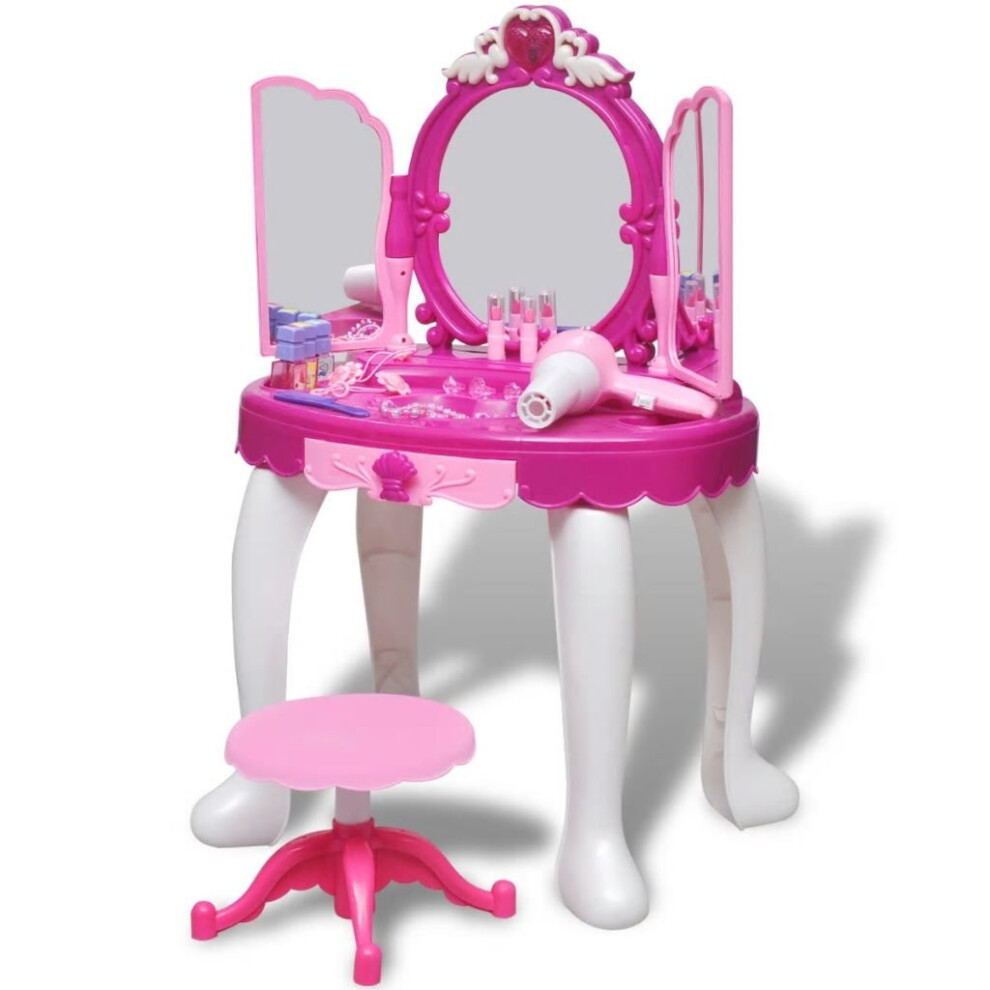VidaXL Tegmen Kid&apos;s Pink 3-Mirror Playroom Vanity Table with Lights & Sound Pink Unisex