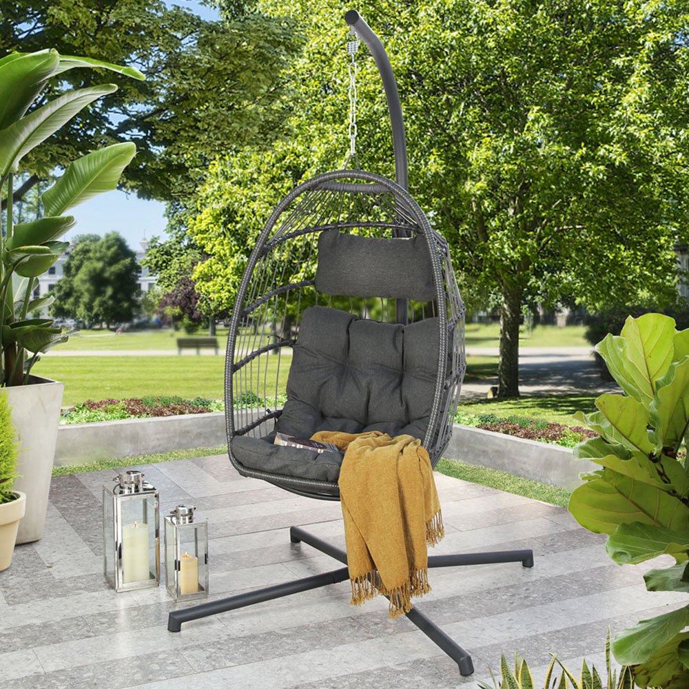 Home Garden Direct Chara - Egg Hanging Chair with Stand - Black - Grey