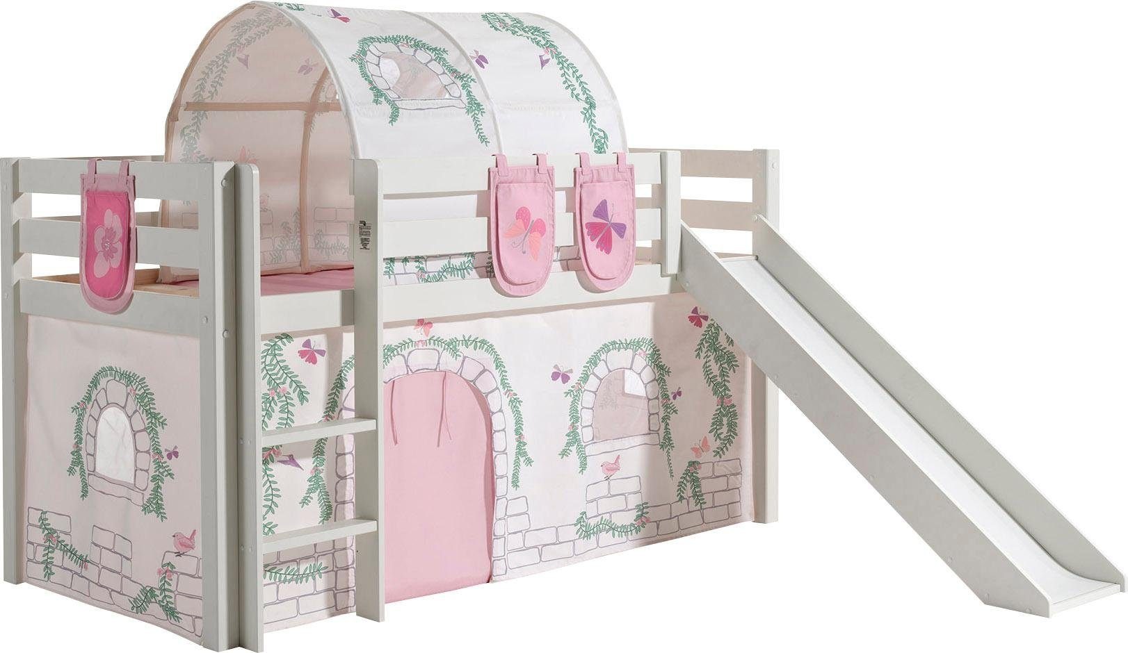 Vipack Pino Birdy Cabin Bed with Slide and Curtain Set white