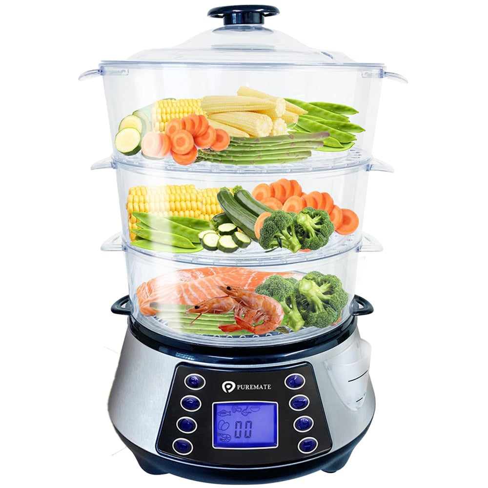 PureMate Silver Digital 3 Tier Electric Food Steamer with Rice Bowl 11.5L