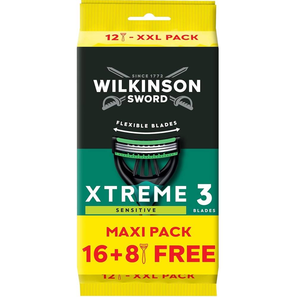 Wilkinson Sword - Xtreme 3 For Men Sensitive Disposable Razors Flexible Blades Pack of 24 Razors